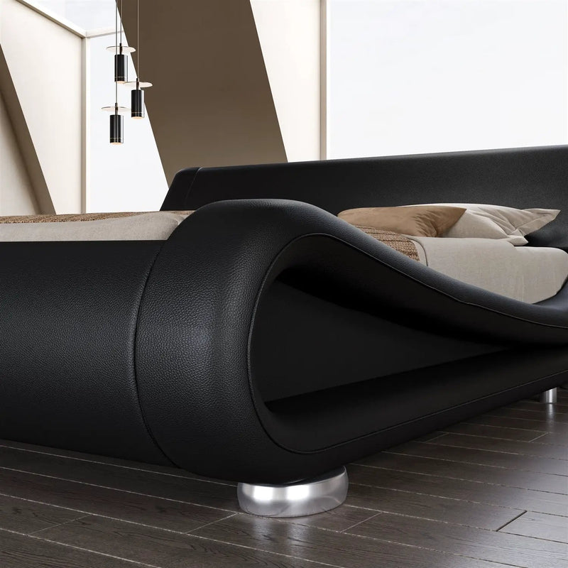 Full Modern Black Upholstered Platform Bed Frame with Sleigh Curved Headboard by HomePacific