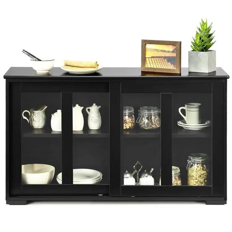 Black Wood Buffet Kitchen Dining Sideboard Storage Cabinet w/ Glass Sliding Door by HomePacific