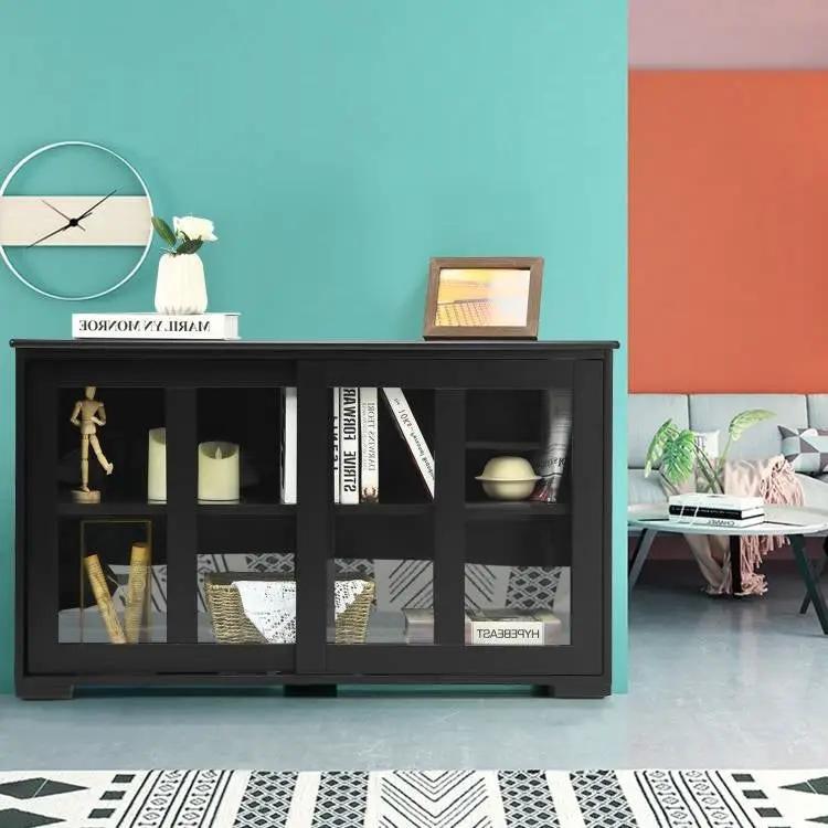 Black Wood Buffet Kitchen Dining Sideboard Storage Cabinet w/ Glass Sliding Door by HomePacific
