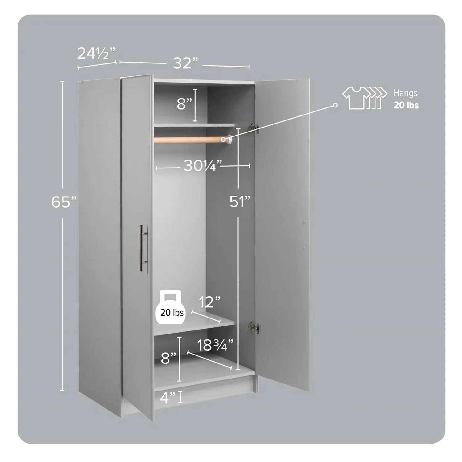 Bedroom Armoire Wardrobe Cabinet with Hanging Rail in Light Grey Wood Finish by HomePacific