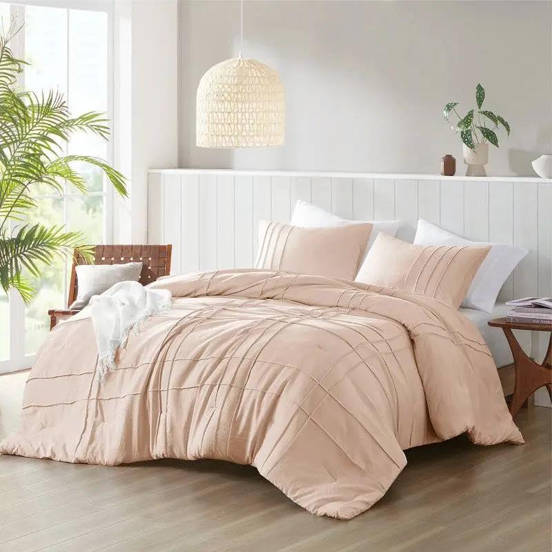 Queen size Microfiber Pleated Soft Washed Comforter Set in Pink Blush by HomePacific