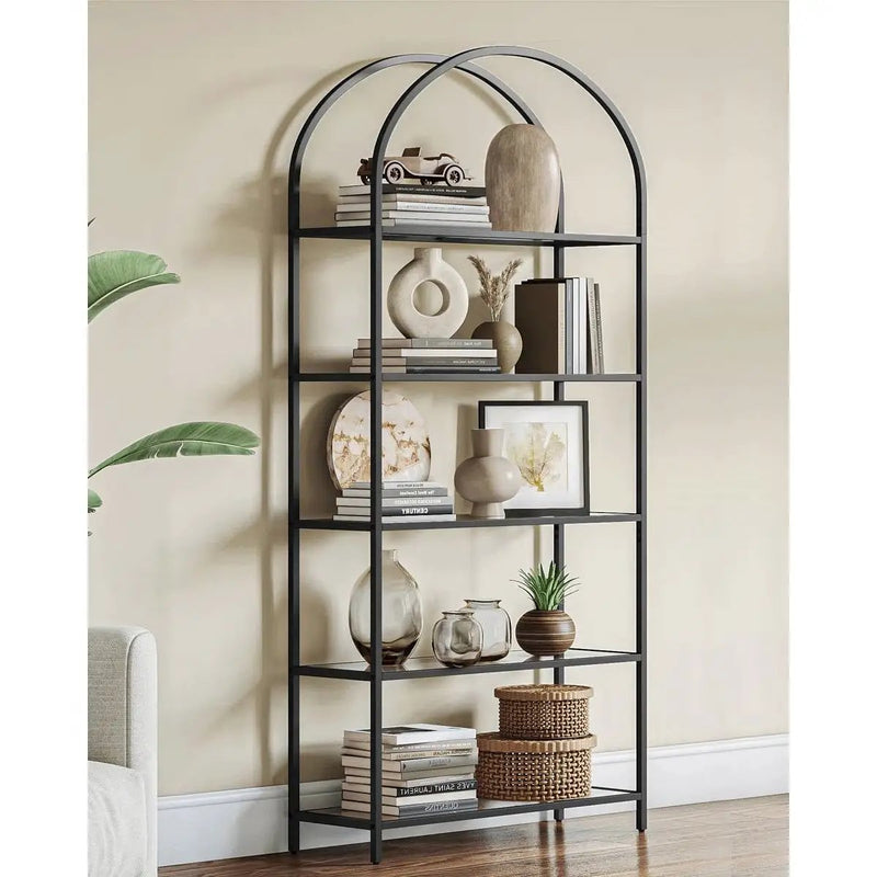 Modern Black Metal Arched Top Display Rack Bookcase with 5 Glass Storage Shelves by HomePacific