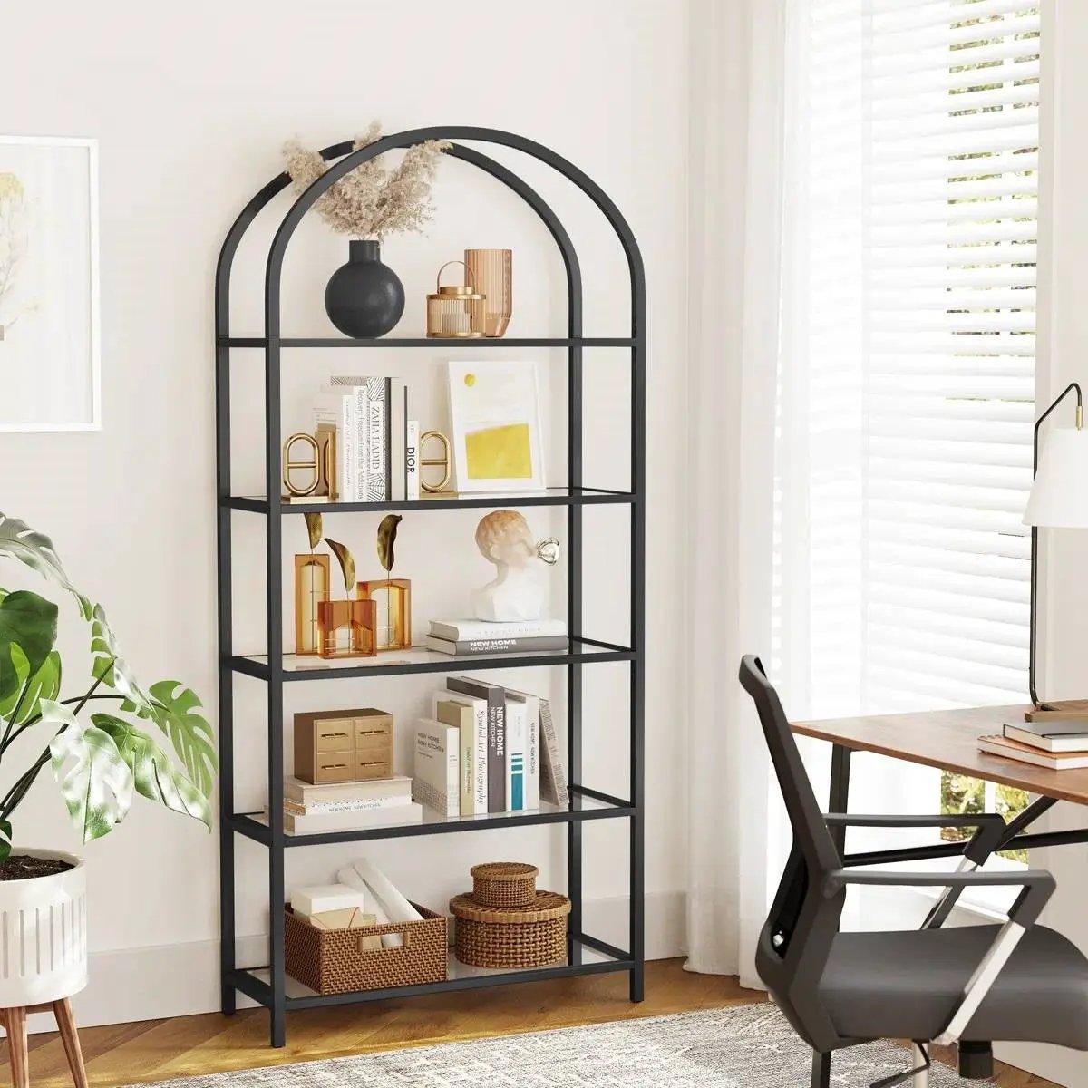 Modern Black Metal Arched Top Display Rack Bookcase with 5 Glass Storage Shelves by HomePacific