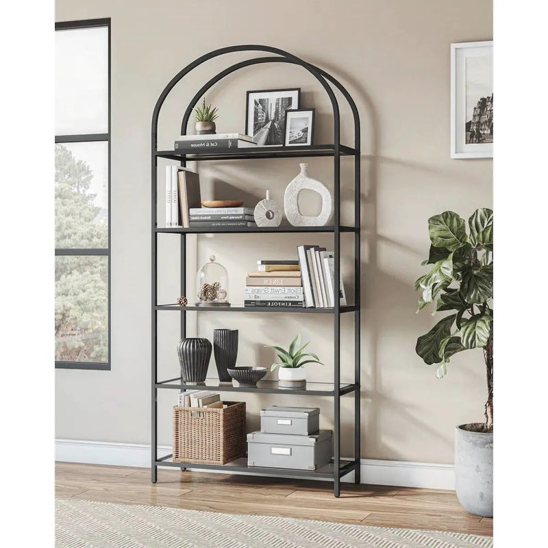 Modern Black Metal Arched Top Display Rack Bookcase with 5 Glass Storage Shelves by HomePacific