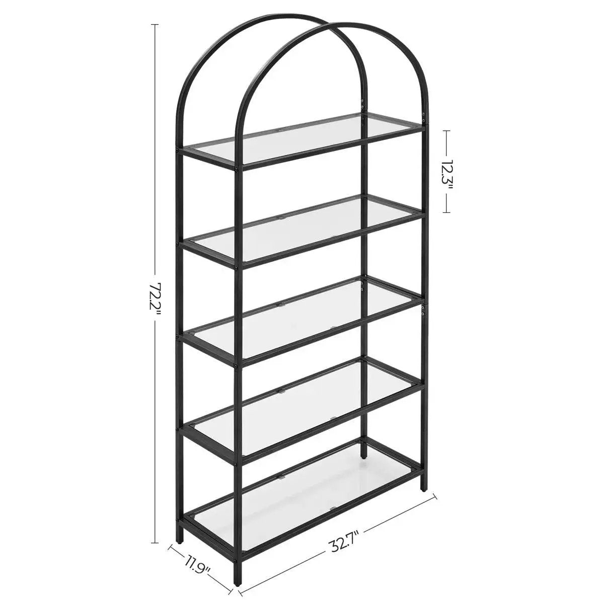 Modern Black Metal Arched Top Display Rack Bookcase with 5 Glass Storage Shelves by HomePacific