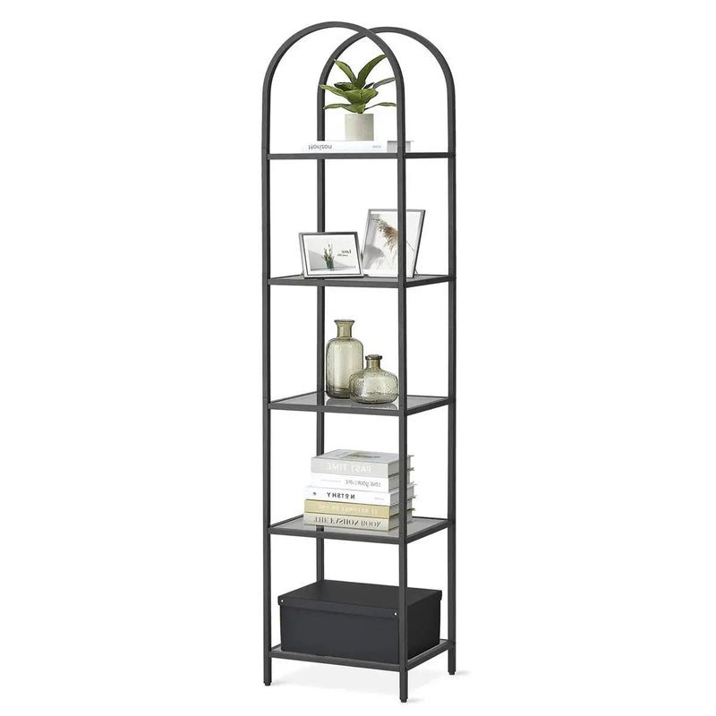 Arched Top Black Metal Display Rack Narrow Bookcase with 5 Glass Storage Shelves by HomePacific