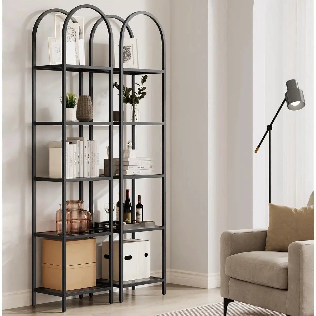 Arched Top Black Metal Display Rack Narrow Bookcase with 5 Glass Storage Shelves by HomePacific