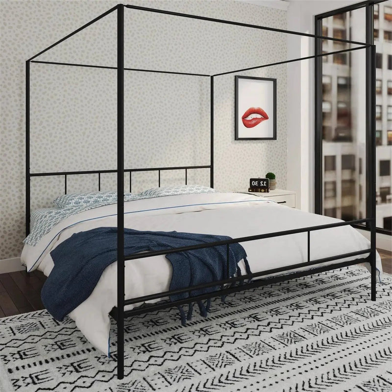 King size Black Metal Canopy Bed Frame with Headboard and Footboard by HomePacific