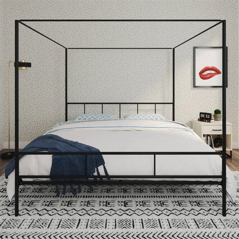 King size Black Metal Canopy Bed Frame with Headboard and Footboard by HomePacific