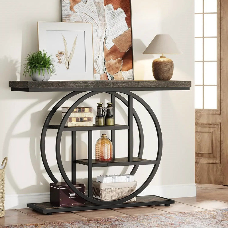 Modern 41-inch Circular Base Foyer Entryway Table with Black Wood Finish Shelves by HomePacific