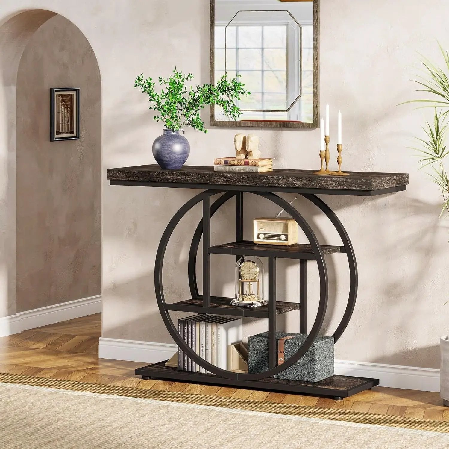 Modern 41-inch Circular Base Foyer Entryway Table with Black Wood Finish Shelves by HomePacific