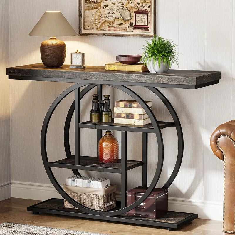 Modern 41-inch Circular Base Foyer Entryway Table with Black Wood Finish Shelves by HomePacific