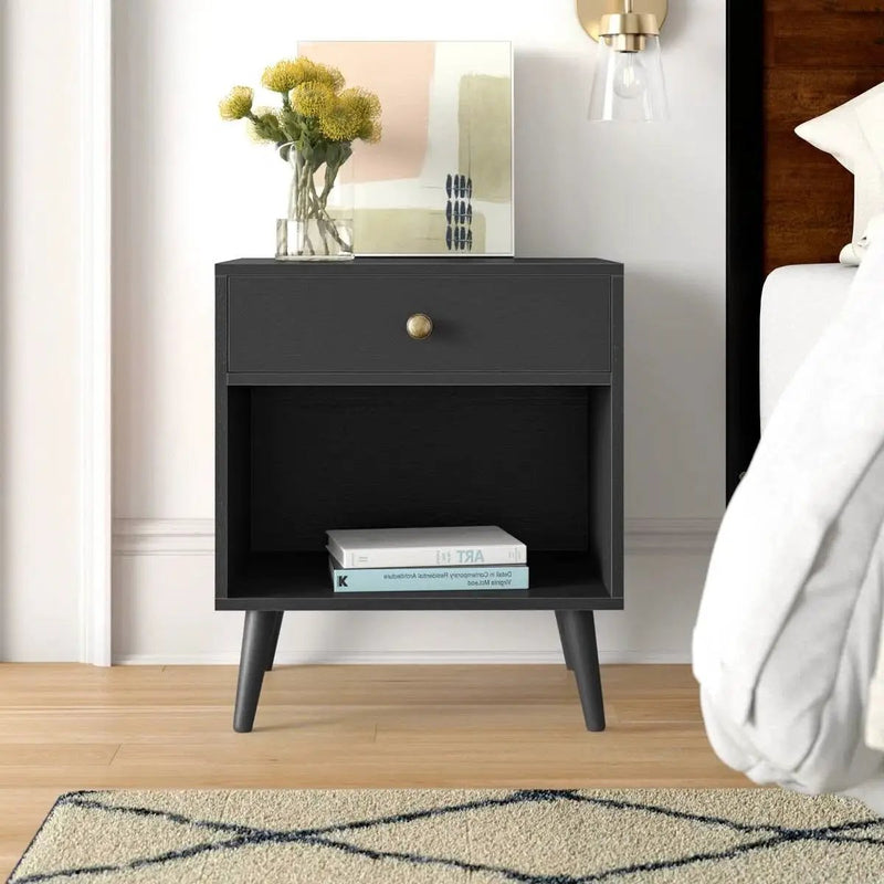 Mid-Century Farmhouse 1-Drawer Nightstand with Open Shelf in Black Wood Finish by HomePacific