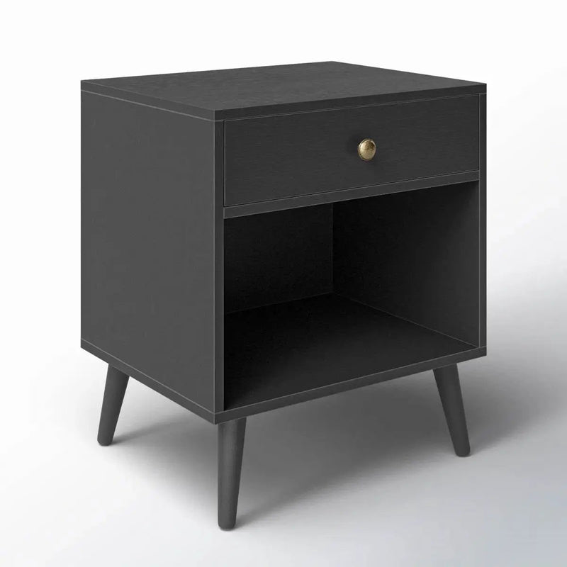 Mid-Century Farmhouse 1-Drawer Nightstand with Open Shelf in Black Wood Finish by HomePacific