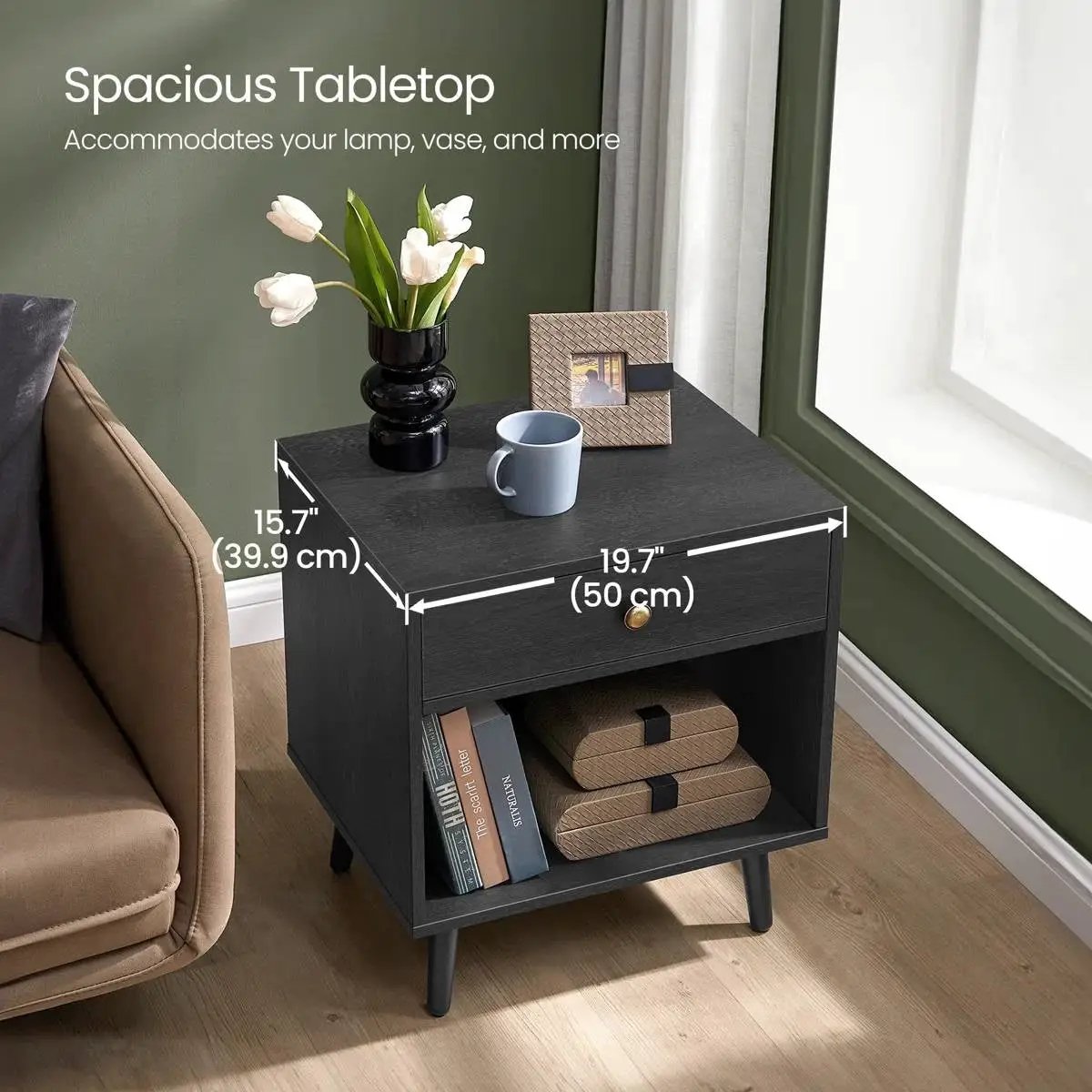 Mid-Century Farmhouse 1-Drawer Nightstand with Open Shelf in Black Wood Finish by HomePacific