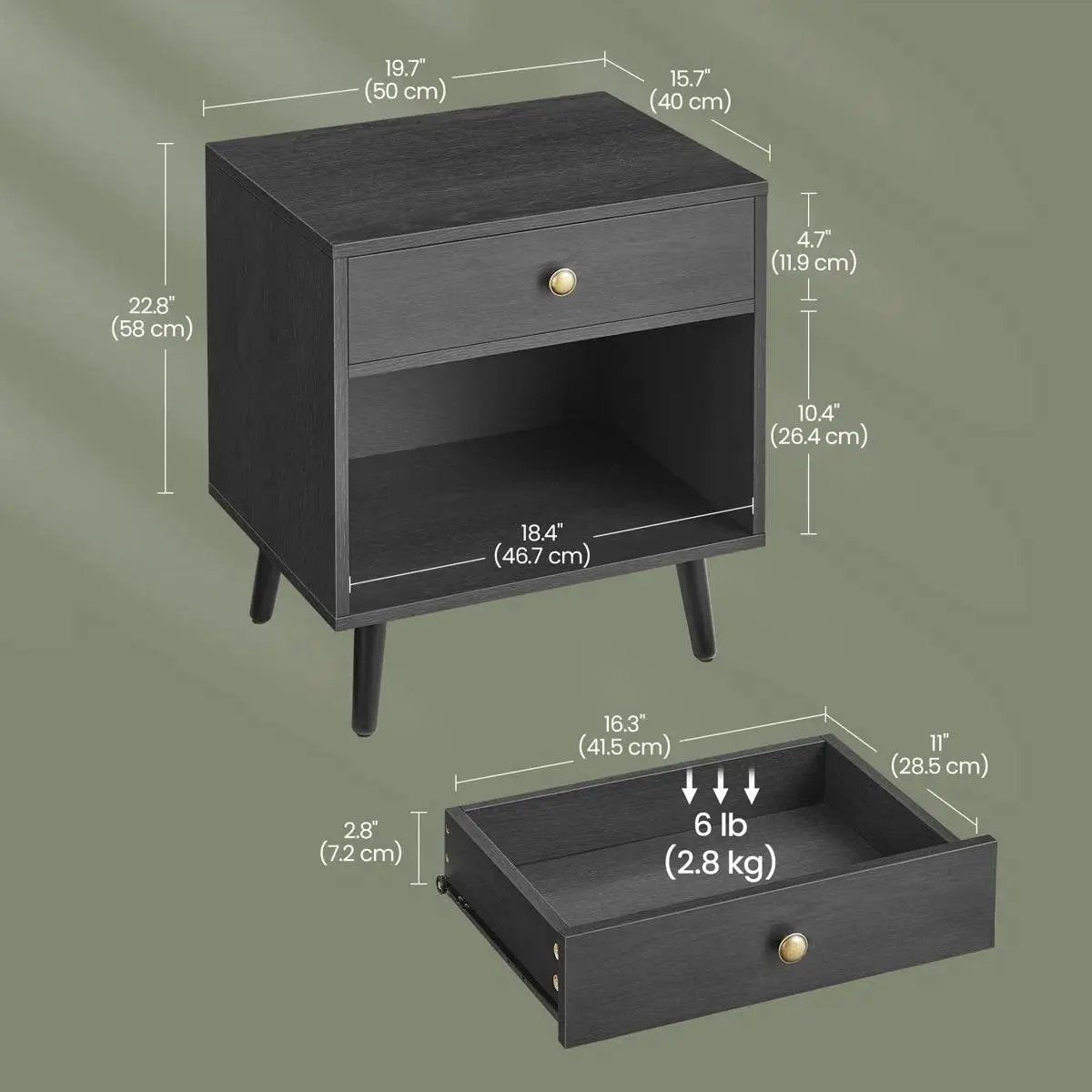 Mid-Century Farmhouse 1-Drawer Nightstand with Open Shelf in Black Wood Finish by HomePacific
