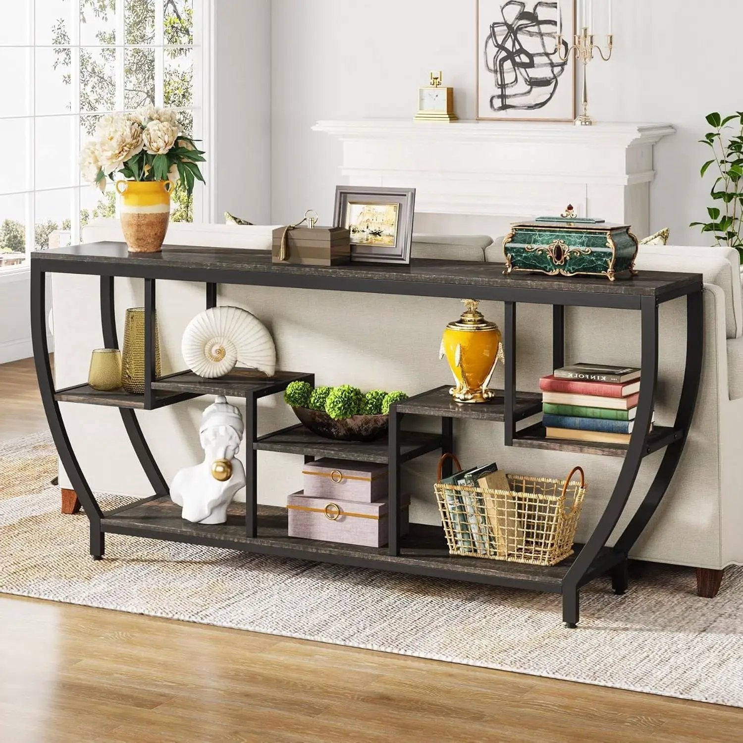 Modern Industrial 70-inch Long Narrow Console Sofa Table with Black Wood Shelves by HomePacific