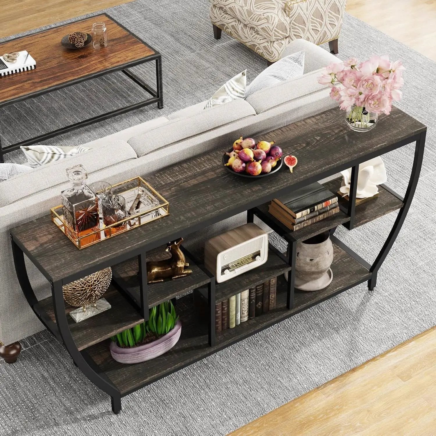 Modern Industrial 70-inch Long Narrow Console Sofa Table with Black Wood Shelves by HomePacific
