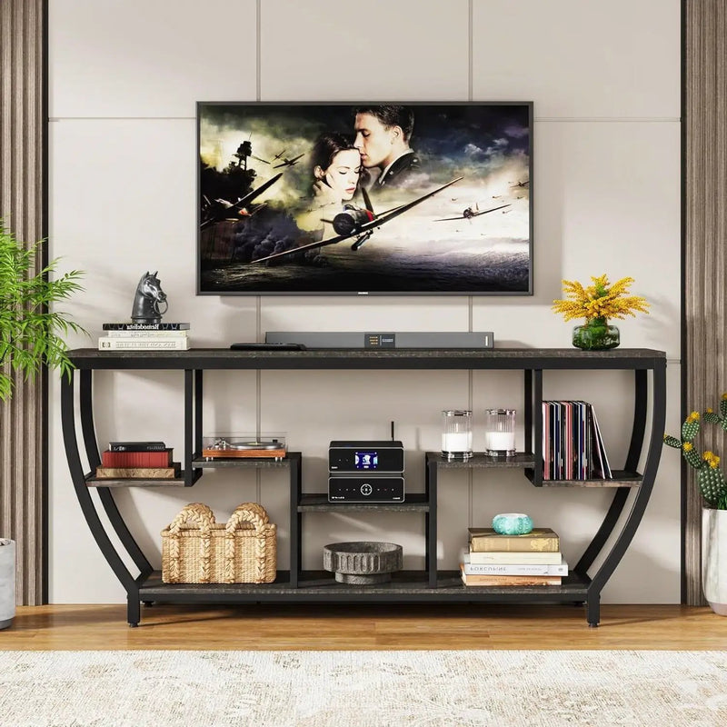 Modern Industrial 70-inch Long Narrow Console Sofa Table with Black Wood Shelves by HomePacific