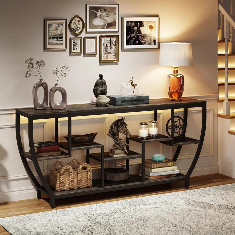 Modern Industrial 70-inch Long Narrow Console Sofa Table with Black Wood Shelves by HomePacific