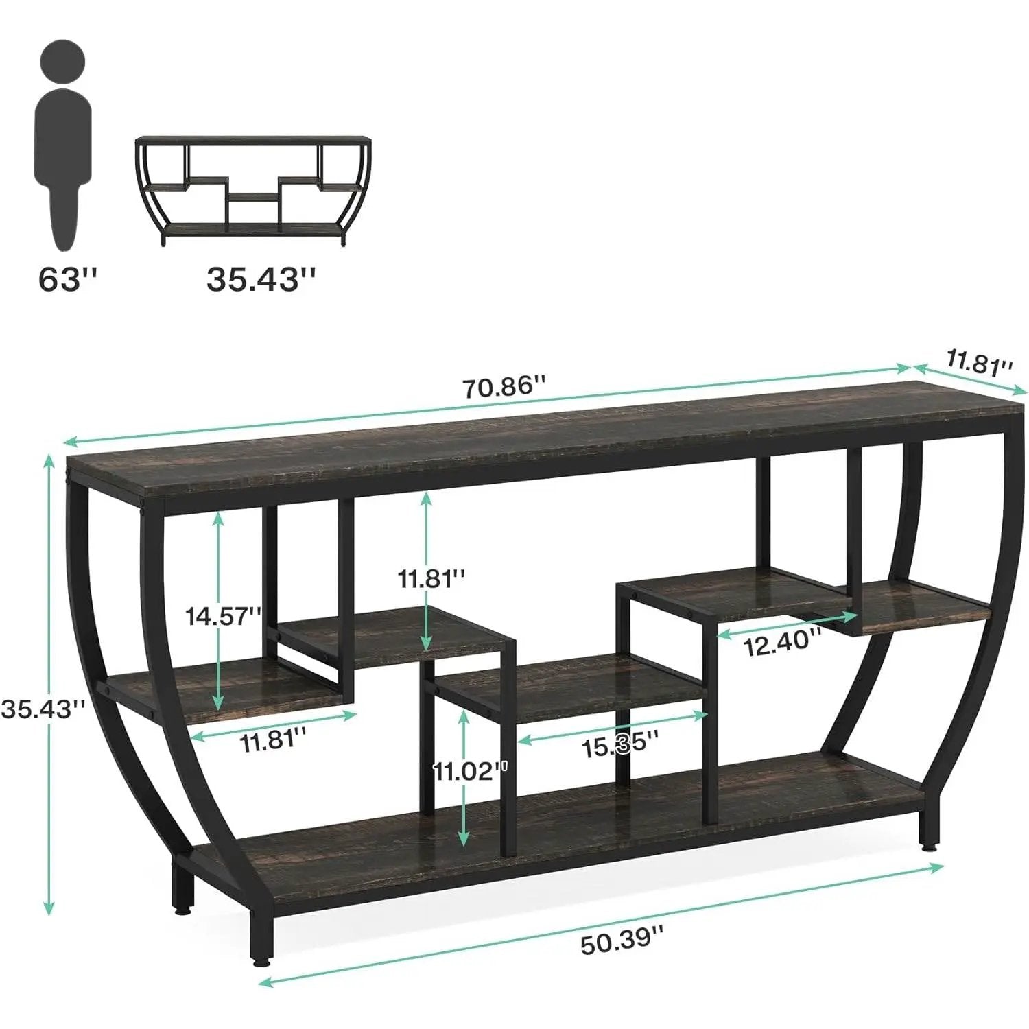 Modern Industrial 70-inch Long Narrow Console Sofa Table with Black Wood Shelves by HomePacific
