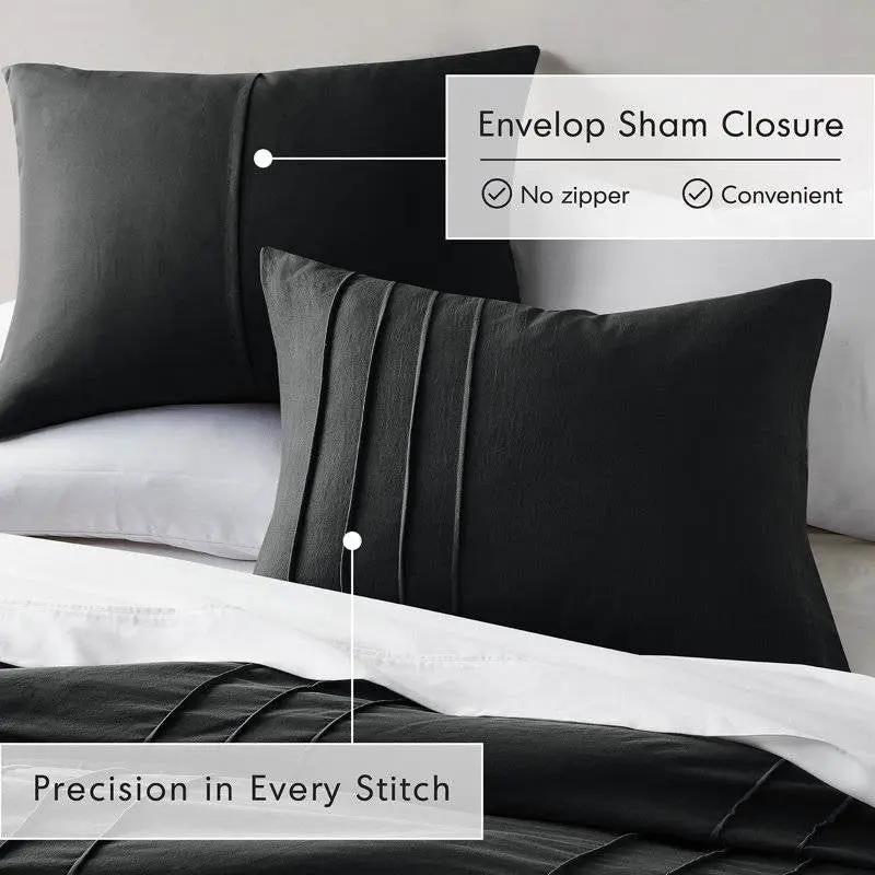 Full/Queen size Pre-Washed Pleated Microfiber Comforter Set in Black by HomePacific