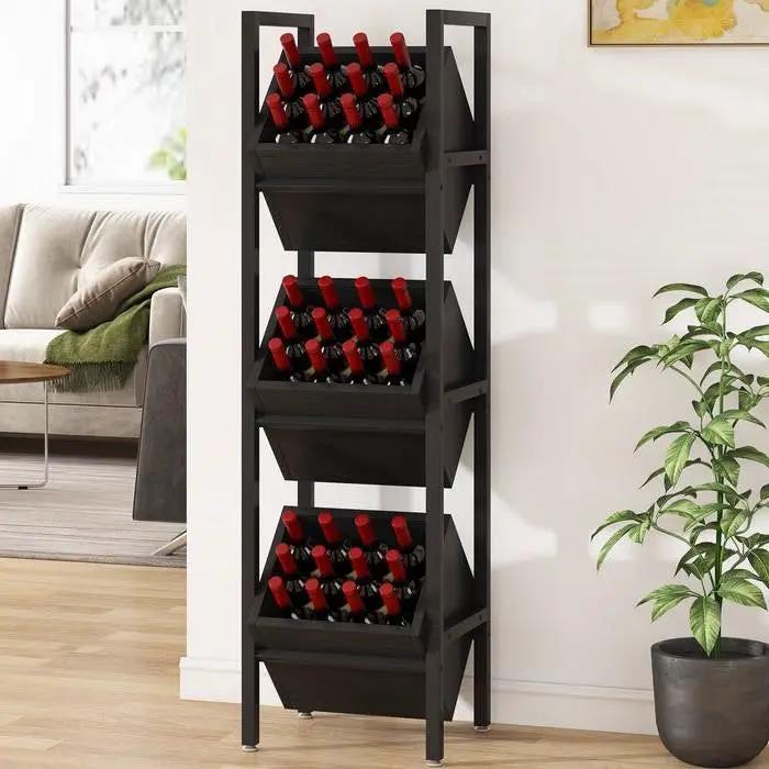 Black Industrial Farmhouse 3 Bin 36 Bottle Wine Rack Storage Display Shelf by HomePacific
