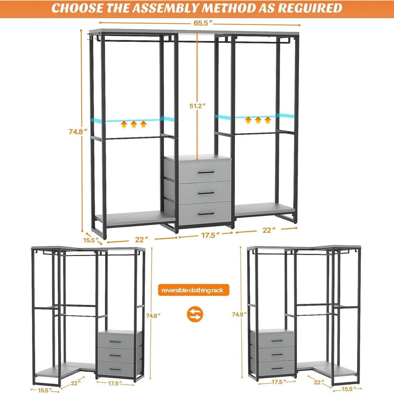 Heavy Duty Black Grey Freestanding Garment Rack Closet Wardrobe with 3 Drawers by HomePacific