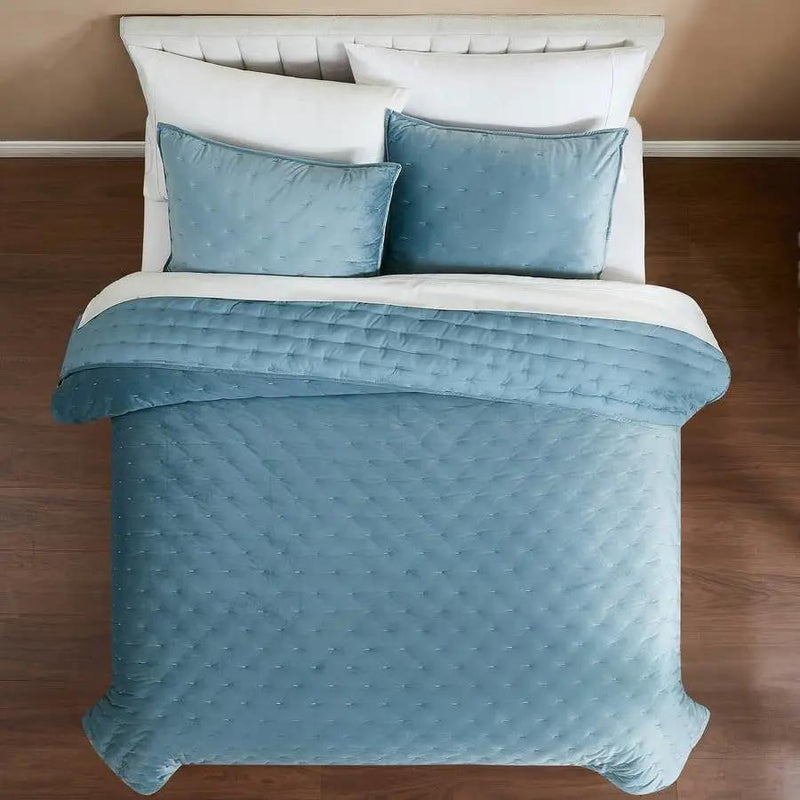 King/CAL King Size 3-Piece Blue Velvet Embroidered Super Soft Quilt Set by HomePacific