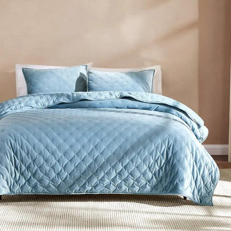 King/CAL King Size 3-Piece Blue Velvet Embroidered Super Soft Quilt Set by HomePacific