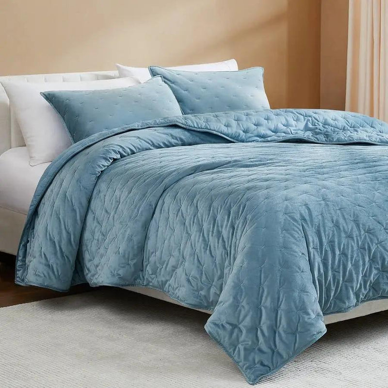King/CAL King Size 3-Piece Blue Velvet Embroidered Super Soft Quilt Set by HomePacific