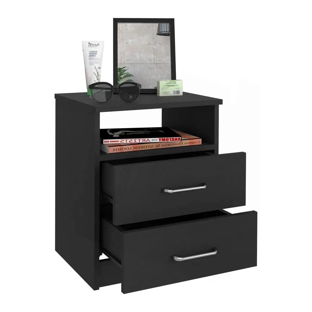 Modern 2-Drawer Nightstand End Table with Open Shelf in Black Wood Finish by HomePacific