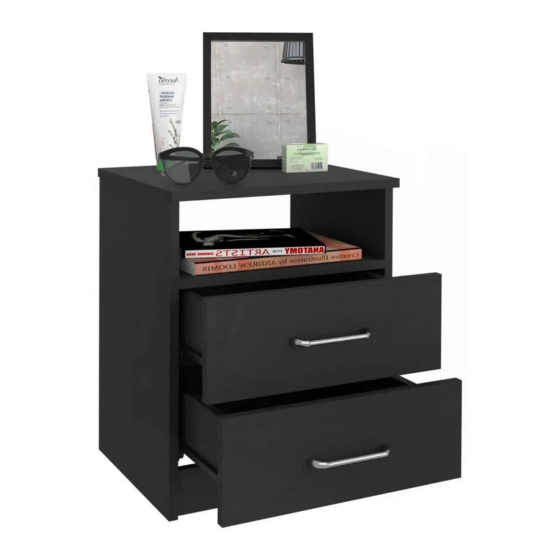 Modern 2-Drawer Nightstand End Table with Open Shelf in Black Wood Finish by HomePacific