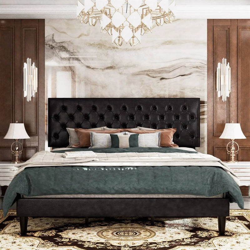 King Black Faux Leather Upholstered Platform Bed with Button-Tufted Headboard by HomePacific