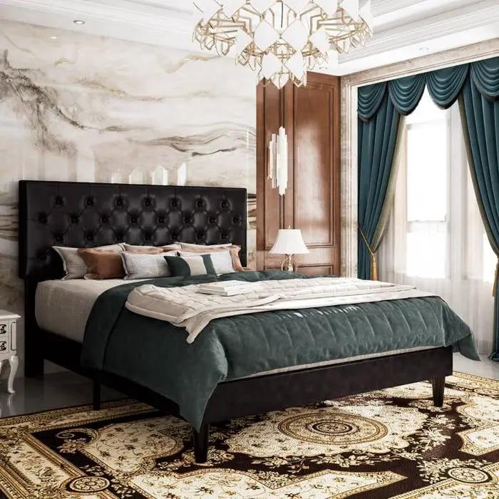 King Black Faux Leather Upholstered Platform Bed with Button-Tufted Headboard by HomePacific