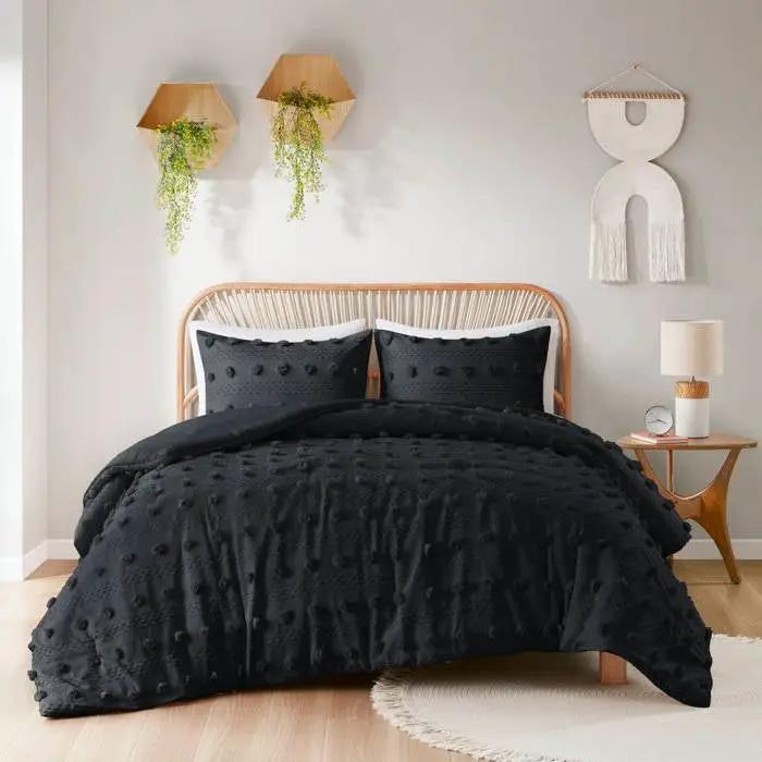 King/Cal King 3 Piece Pompom Microfiber Hypoallergenic Comforter Set in Black by HomePacific