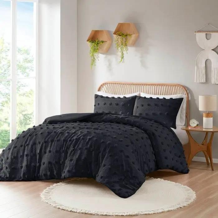 King/Cal King 3 Piece Pompom Microfiber Hypoallergenic Comforter Set in Black by HomePacific