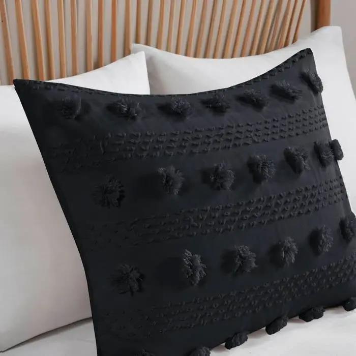 King/Cal King 3 Piece Pompom Microfiber Hypoallergenic Comforter Set in Black by HomePacific