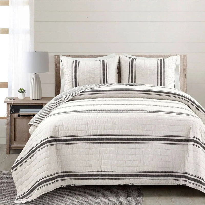 King Size Black White 3 Piece Stripe Reversible Cotton Quilt Set by HomePacific