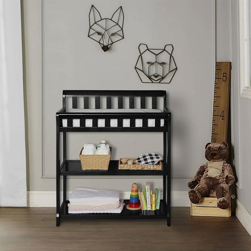 Modern Black Wooden Baby Changing Table with Safety Rail Mattress Pad and Strap by HomePacific