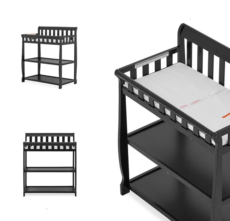 Modern Black Wooden Baby Changing Table with Safety Rail Mattress Pad and Strap by HomePacific