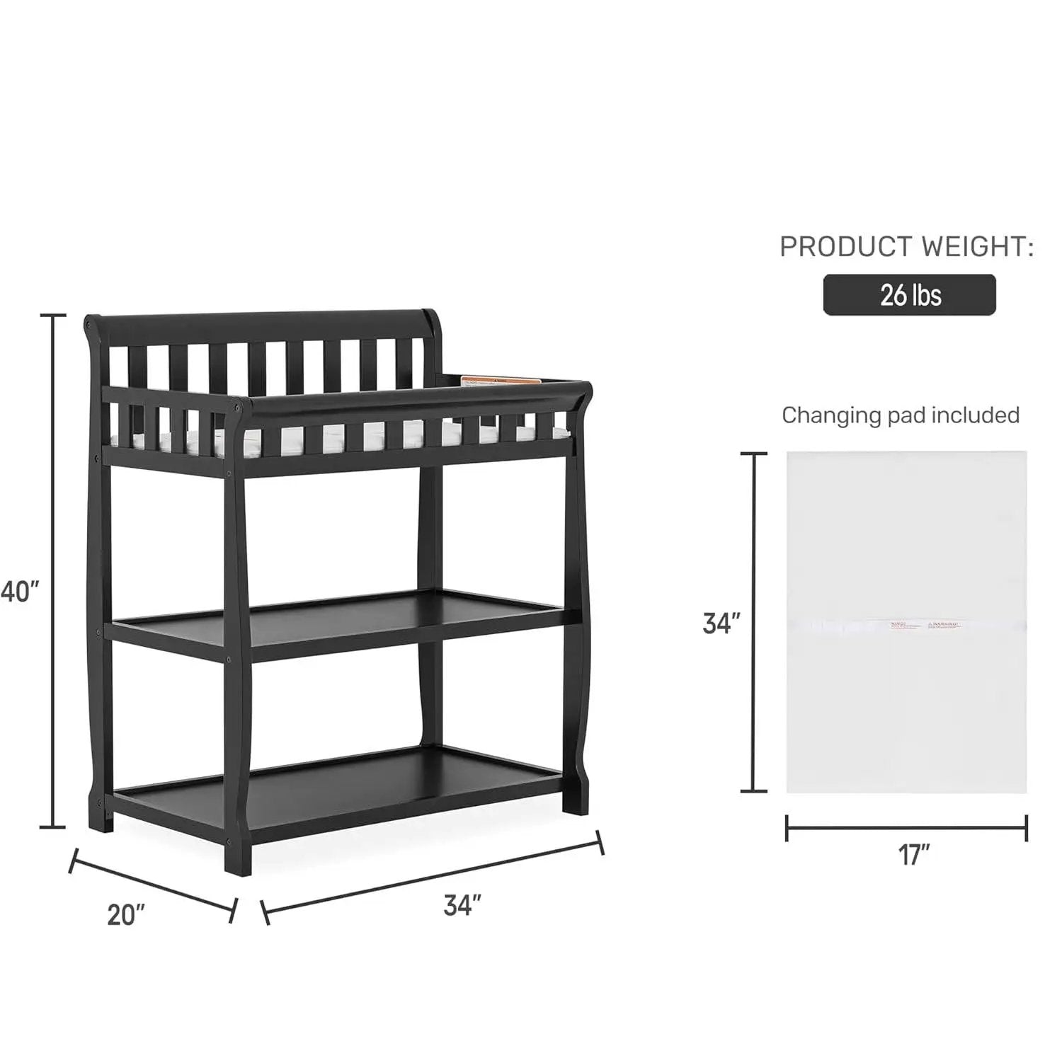 Modern Black Wooden Baby Changing Table with Safety Rail Mattress Pad and Strap by HomePacific