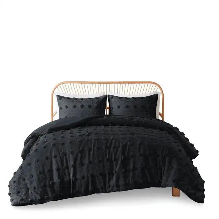 Full/Queen 3 Piece Pompom Microfiber Hypoallergenic Comforter Set in Black by HomePacific
