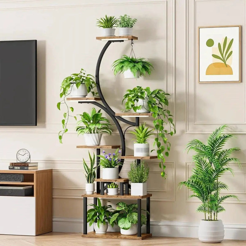 Indoor Plant Stand with Black Metal Frame and Wood Finish Shelves by HomePacific