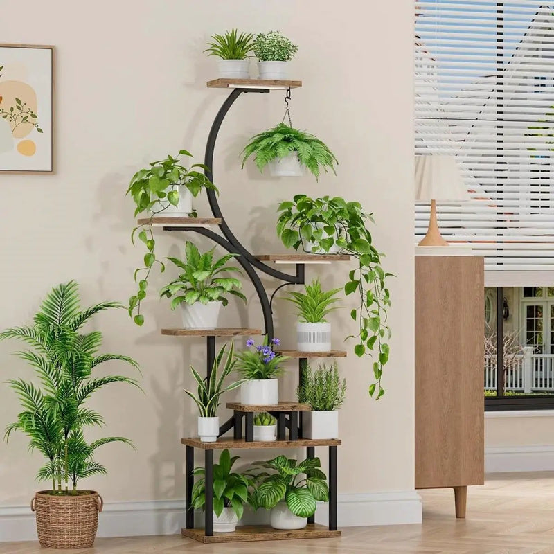 Indoor Plant Stand with Black Metal Frame and Wood Finish Shelves by HomePacific