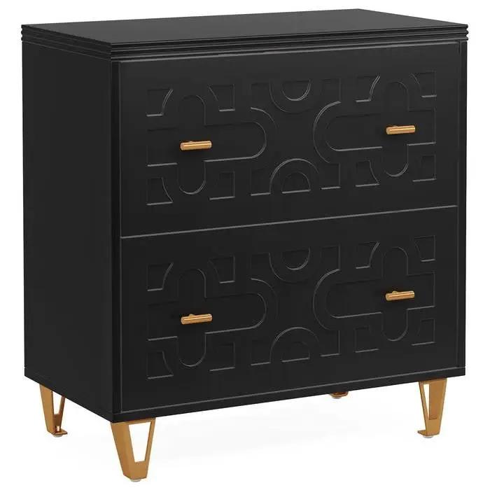 Retro Black/Gold Geometric Scroll 2 Drawer Filing Cabinet Printer Stand by HomePacific