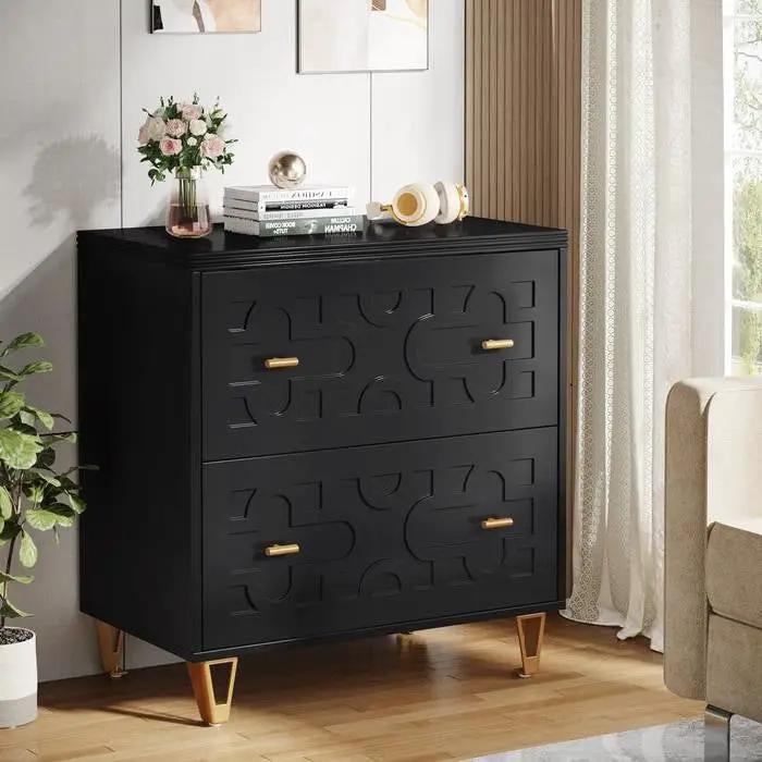 Retro Black/Gold Geometric Scroll 2 Drawer Filing Cabinet Printer Stand by HomePacific