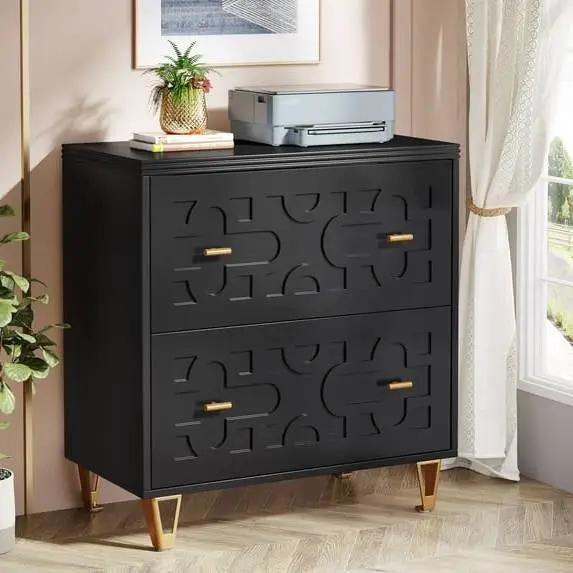 Retro Black/Gold Geometric Scroll 2 Drawer Filing Cabinet Printer Stand by HomePacific