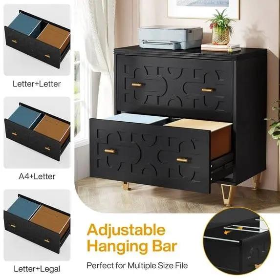Retro Black/Gold Geometric Scroll 2 Drawer Filing Cabinet Printer Stand by HomePacific