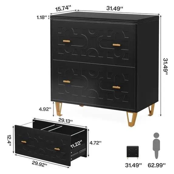 Retro Black/Gold Geometric Scroll 2 Drawer Filing Cabinet Printer Stand by HomePacific